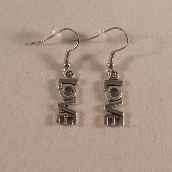 Silver Love Dangle Earrings Hypoallergenic Hooks - Picture 2 of 2